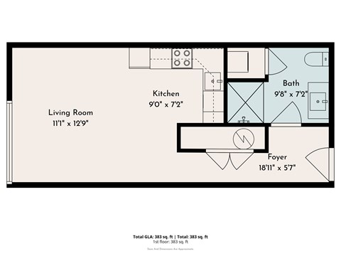 Floor plan for studio, 1 bath, 445 sqft